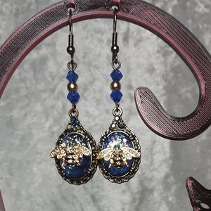 Handmade Bee Earrings Goldtone Blue Stone